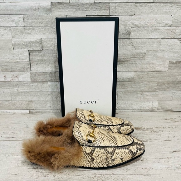 Gucci Princetown Python Fur Slipper EU 38 US 8 Horsebit Mule Loafer Flats Beige - Picture 2 of 16